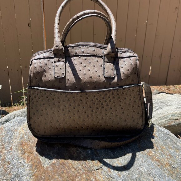 London Fog Brown Ostrich Embossed‎ Satchel Handbag With Shoulder Strap - Picture 2 of 3